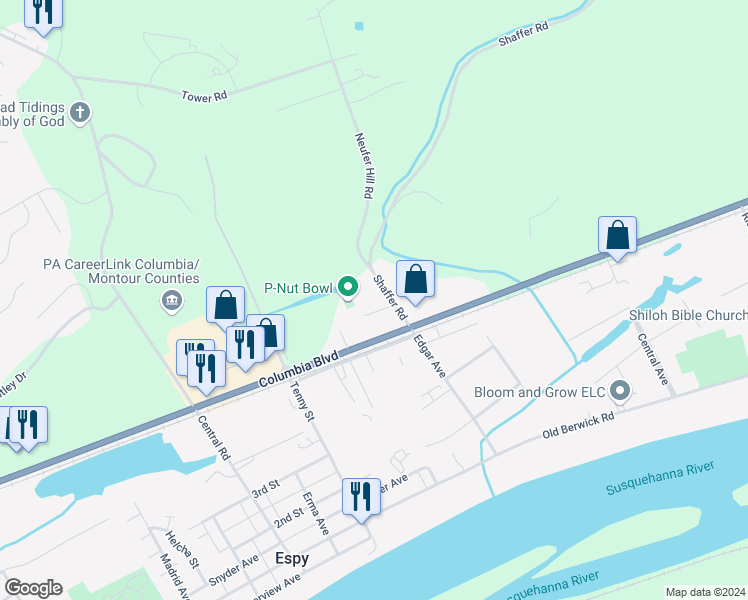 map of restaurants, bars, coffee shops, grocery stores, and more near 420 Shaffer Road in Bloomsburg