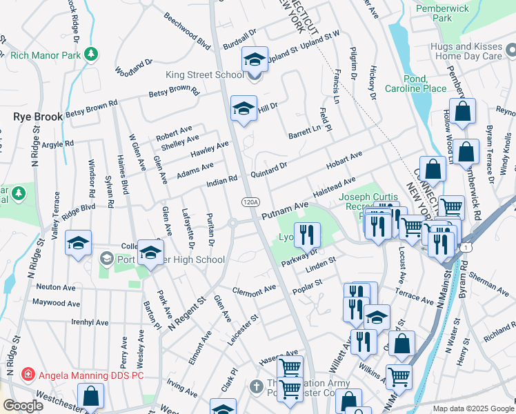 map of restaurants, bars, coffee shops, grocery stores, and more near 535 King Street in Port Chester