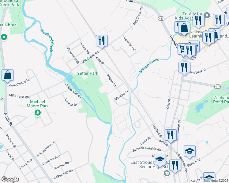 map of restaurants, bars, coffee shops, grocery stores, and more near 339 Race Street in East Stroudsburg