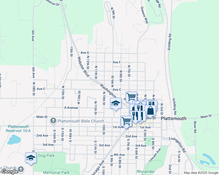 map of restaurants, bars, coffee shops, grocery stores, and more near 906 Avenue C in Plattsmouth