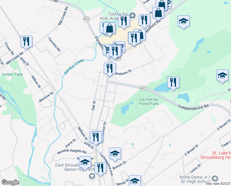 map of restaurants, bars, coffee shops, grocery stores, and more near 111 East 5th Street in East Stroudsburg