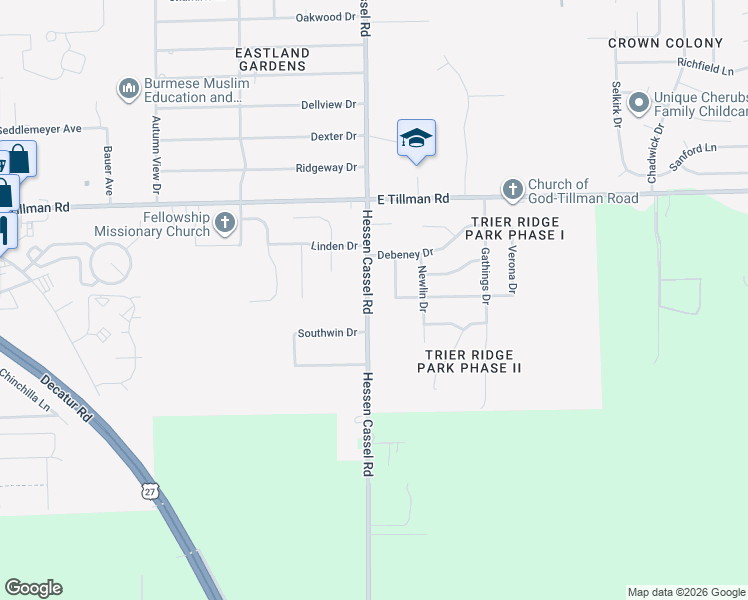 map of restaurants, bars, coffee shops, grocery stores, and more near 7715 Hessen Cassel Road in Fort Wayne