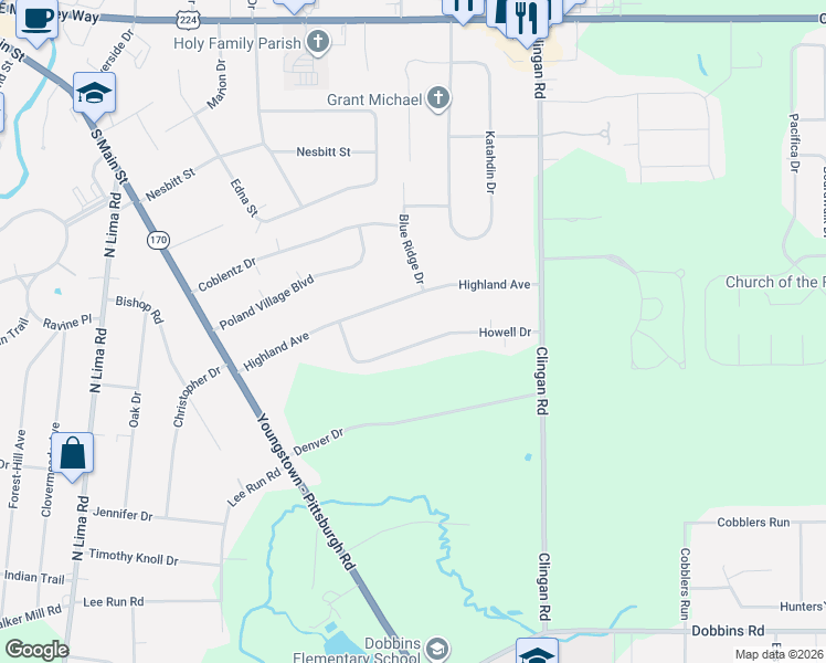 map of restaurants, bars, coffee shops, grocery stores, and more near 2926 Howell Drive in Youngstown