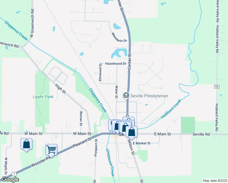 map of restaurants, bars, coffee shops, grocery stores, and more near 109 Water Street in Seville