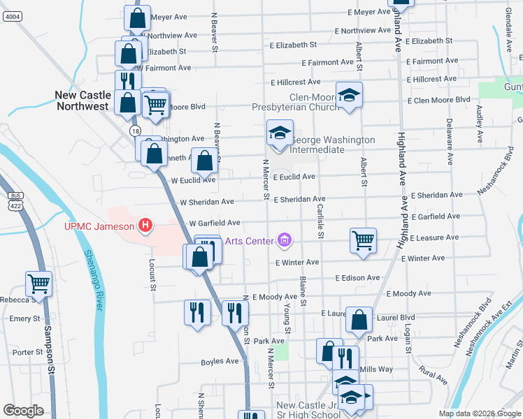 map of restaurants, bars, coffee shops, grocery stores, and more near 101 East Garfield Avenue in New Castle