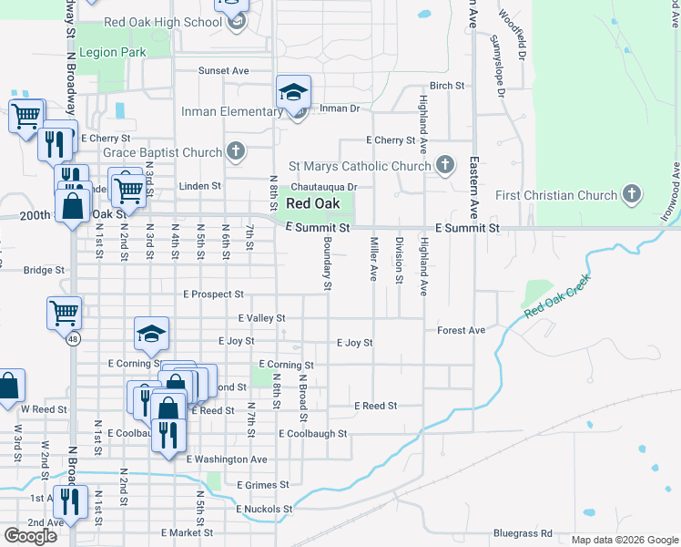 map of restaurants, bars, coffee shops, grocery stores, and more near 1112 Boundary Street in Red Oak