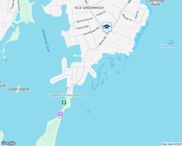 map of restaurants, bars, coffee shops, grocery stores, and more near 20 East Point Lane in Greenwich