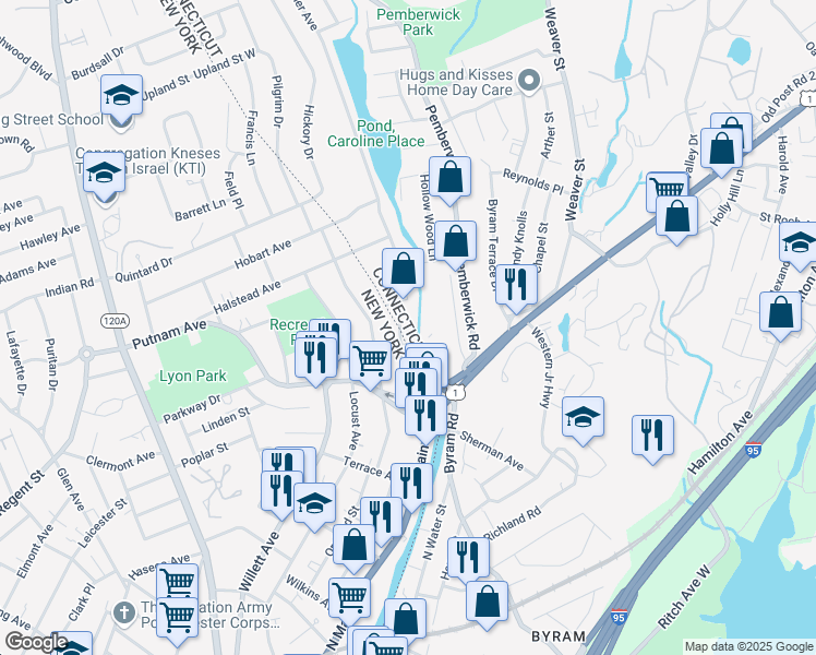 map of restaurants, bars, coffee shops, grocery stores, and more near 51 Riverdale Avenue in Greenwich
