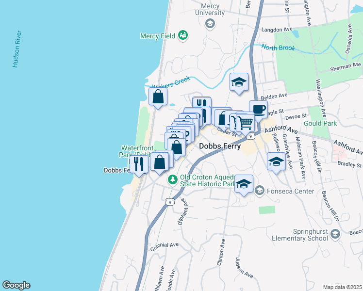 map of restaurants, bars, coffee shops, grocery stores, and more near 75 Main Street in Dobbs Ferry