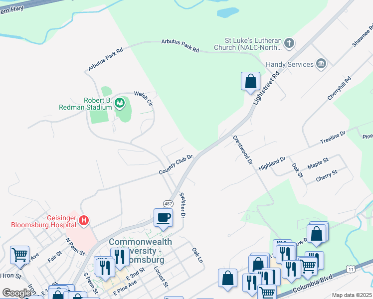 map of restaurants, bars, coffee shops, grocery stores, and more near 925 McGuire Road in Bloomsburg