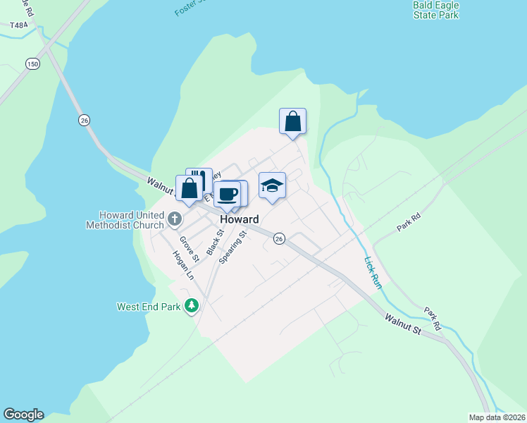 map of restaurants, bars, coffee shops, grocery stores, and more near 255 School Street in Howard