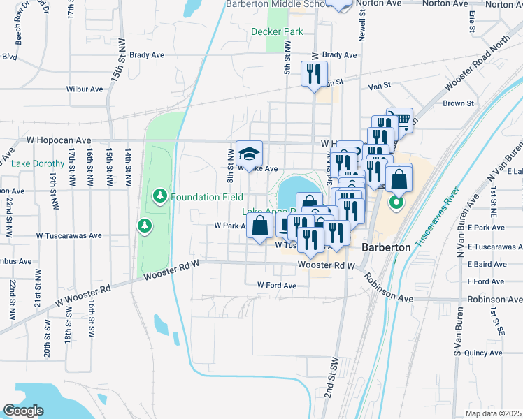 map of restaurants, bars, coffee shops, grocery stores, and more near 143 7th Street Northwest in Barberton