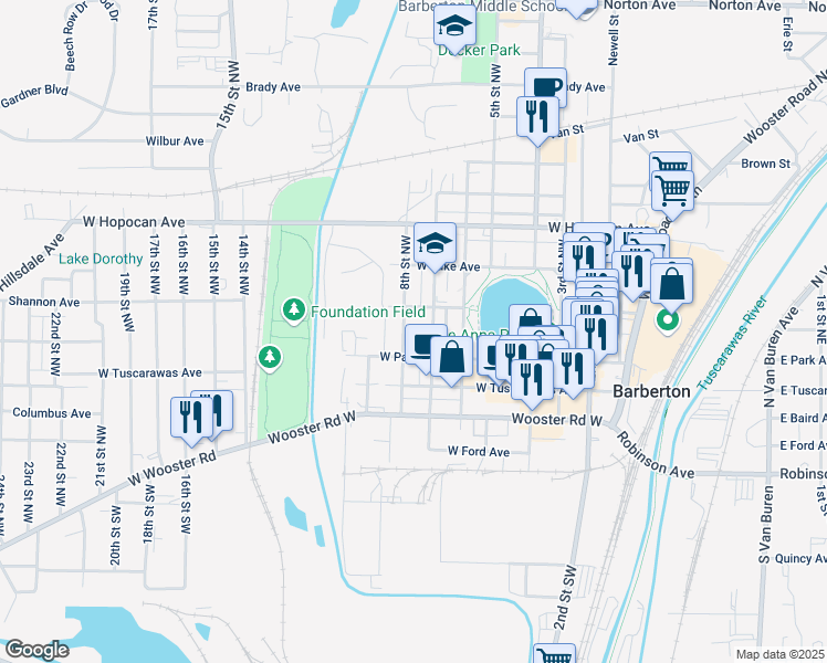 map of restaurants, bars, coffee shops, grocery stores, and more near 140 8th Street Northwest in Barberton