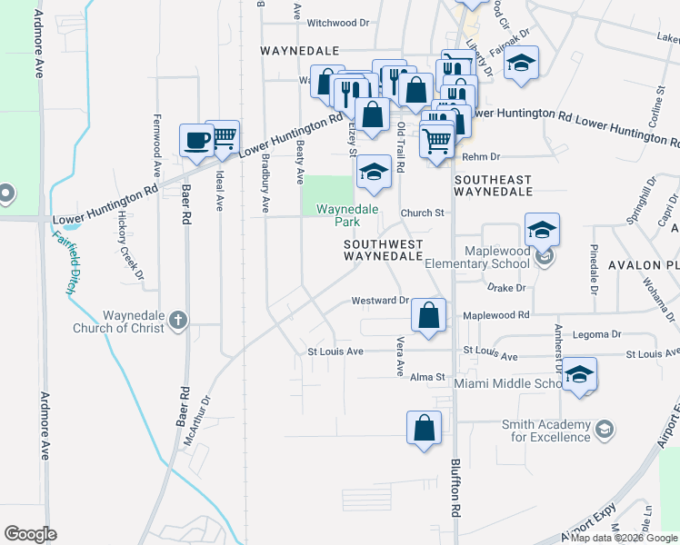 map of restaurants, bars, coffee shops, grocery stores, and more near 2808 McArthur Drive in Fort Wayne