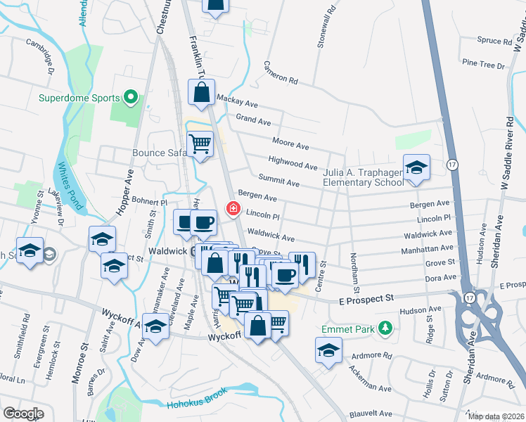 map of restaurants, bars, coffee shops, grocery stores, and more near 19 Lincoln Place in Waldwick
