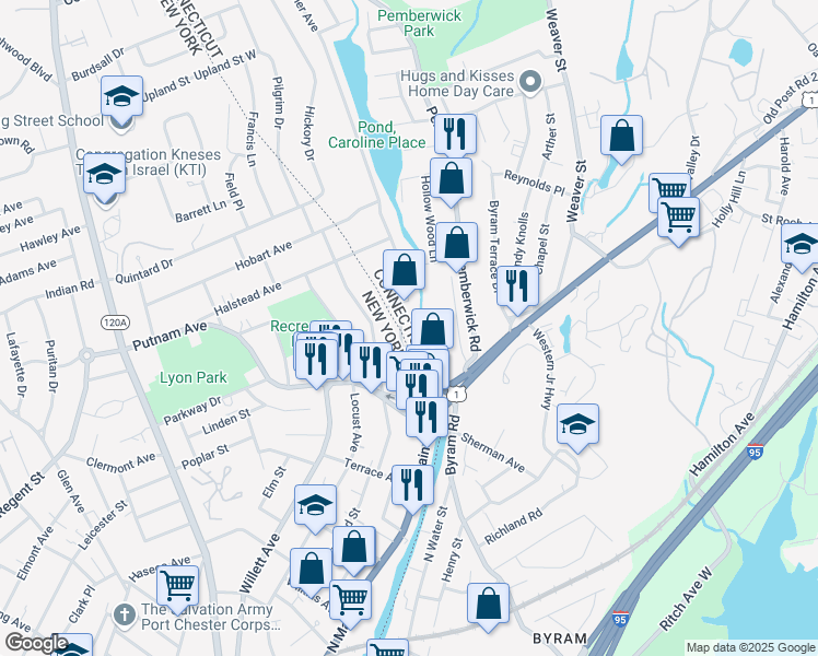 map of restaurants, bars, coffee shops, grocery stores, and more near 70 Riverdale Avenue in Greenwich