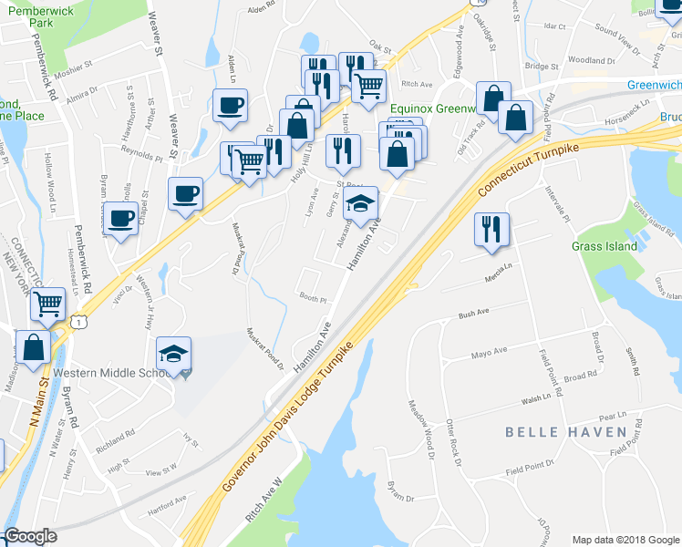 map of restaurants, bars, coffee shops, grocery stores, and more near 302 Hamilton Avenue in Greenwich