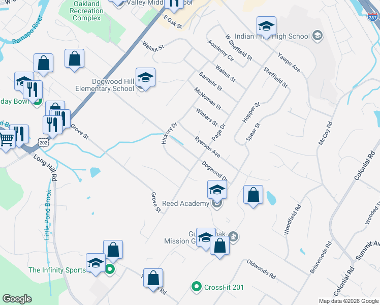 map of restaurants, bars, coffee shops, grocery stores, and more near 106 Dogwood Drive in Oakland