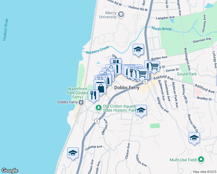 map of restaurants, bars, coffee shops, grocery stores, and more near 96 Main Street in Dobbs Ferry