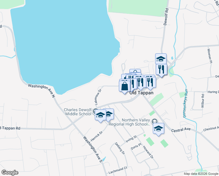 map of restaurants, bars, coffee shops, grocery stores, and more near 20 Lakeview Drive in Old Tappan