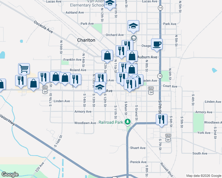 map of restaurants, bars, coffee shops, grocery stores, and more near 1115 Court Avenue in Chariton