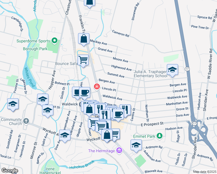 map of restaurants, bars, coffee shops, grocery stores, and more near 17 Lincoln Place in Waldwick