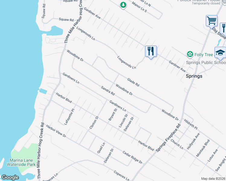 map of restaurants, bars, coffee shops, grocery stores, and more near 45 Sandra Road in East Hampton