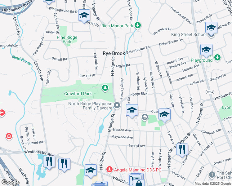 map of restaurants, bars, coffee shops, grocery stores, and more near 125 North Ridge Street in Rye Brook