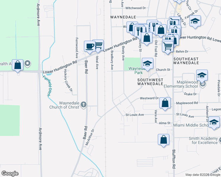 map of restaurants, bars, coffee shops, grocery stores, and more near 7312 Bradbury Avenue in Fort Wayne