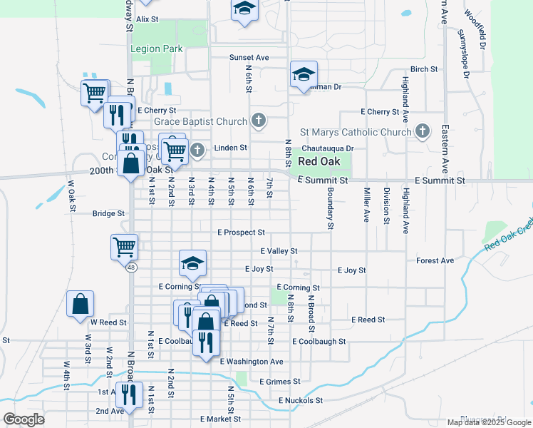 map of restaurants, bars, coffee shops, grocery stores, and more near 610 Elm Street in Red Oak