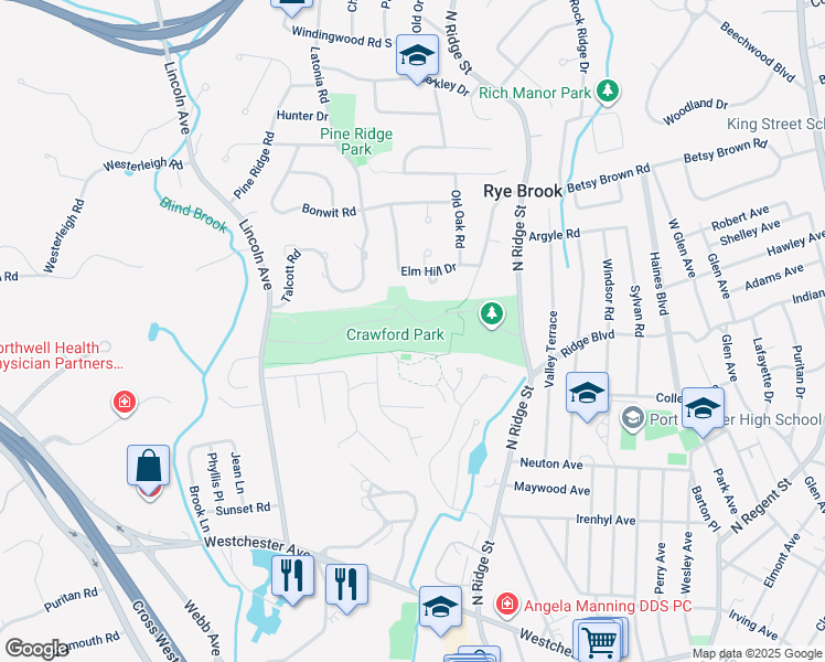 map of restaurants, bars, coffee shops, grocery stores, and more near 122 North Ridge Street in Rye Brook