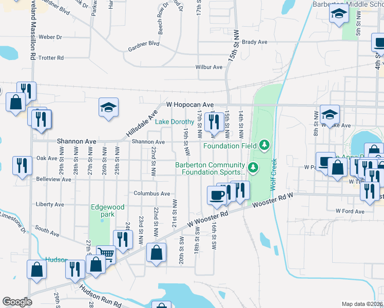 map of restaurants, bars, coffee shops, grocery stores, and more near 154 19th Street Northwest in Barberton