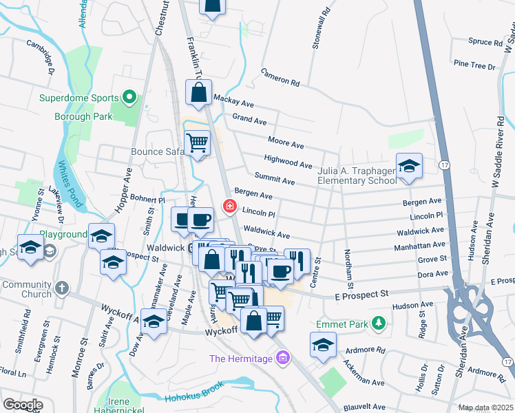 map of restaurants, bars, coffee shops, grocery stores, and more near 19 Lincoln Place in Waldwick