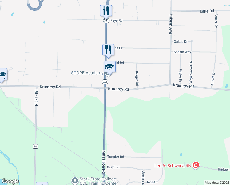 map of restaurants, bars, coffee shops, grocery stores, and more near 1738 Krumroy Road in Akron