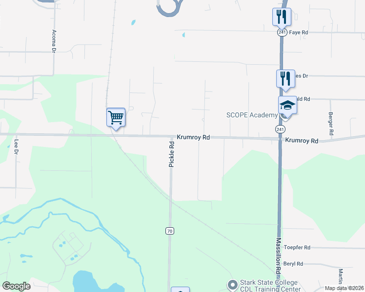 map of restaurants, bars, coffee shops, grocery stores, and more near 1829 Pickle Road in Akron
