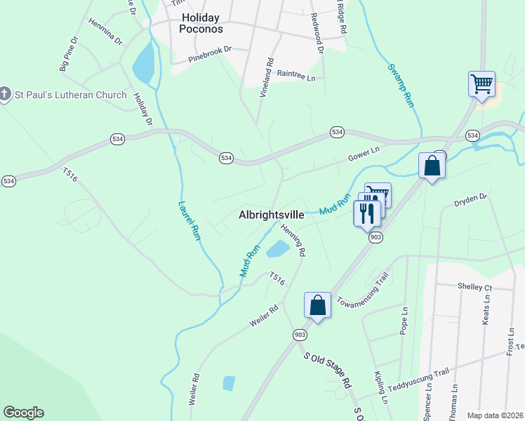 map of restaurants, bars, coffee shops, grocery stores, and more near 35 Henning Road in Albrightsville