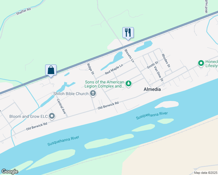 map of restaurants, bars, coffee shops, grocery stores, and more near 3513 1st St in Bloomsburg