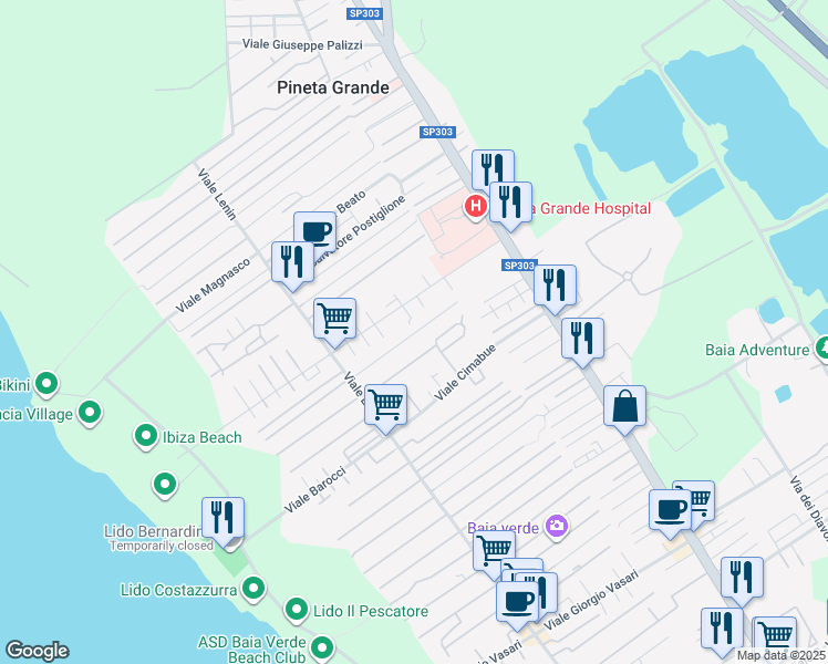 map of restaurants, bars, coffee shops, grocery stores, and more near 43 Viale del Bramante in Castel Volturno