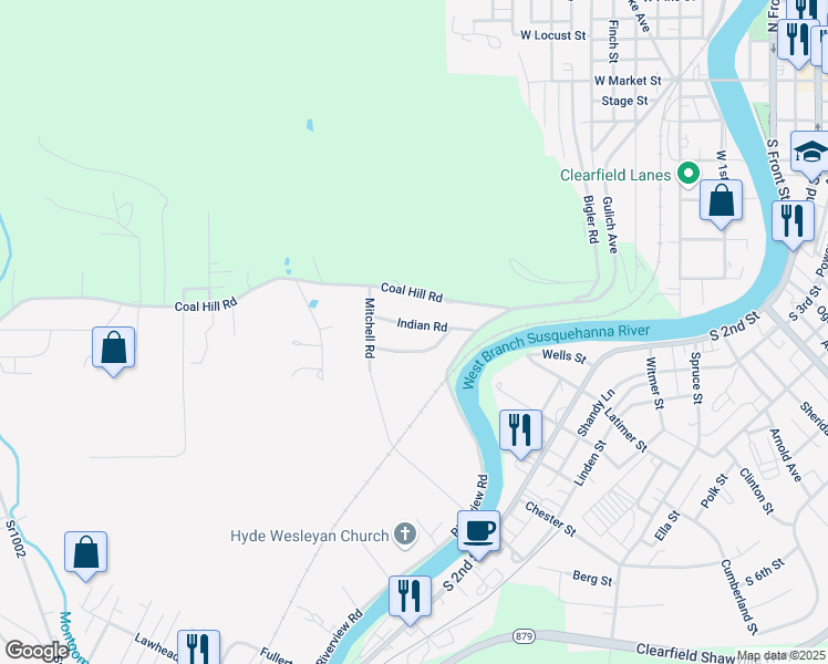 map of restaurants, bars, coffee shops, grocery stores, and more near 618 Indian Road in Clearfield