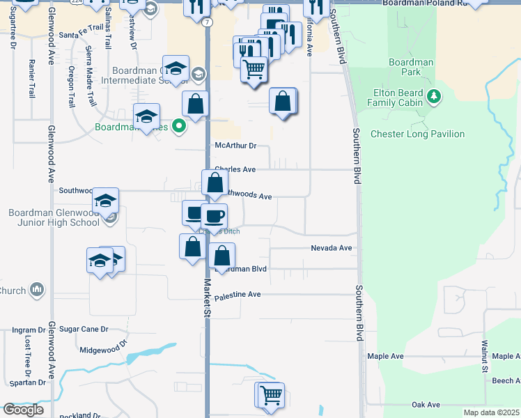 map of restaurants, bars, coffee shops, grocery stores, and more near 100 Debartolo Place in Youngstown