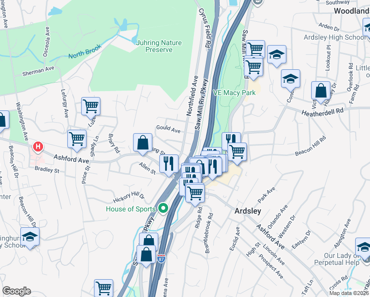 map of restaurants, bars, coffee shops, grocery stores, and more near 34 Northfield Avenue in Dobbs Ferry