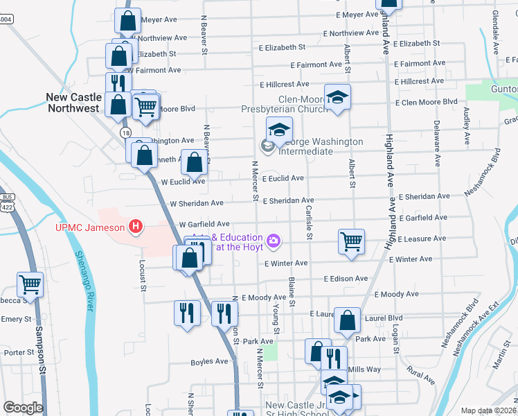 map of restaurants, bars, coffee shops, grocery stores, and more near 101 East Garfield Avenue in New Castle
