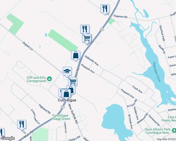 map of restaurants, bars, coffee shops, grocery stores, and more near 520 Pequash Avenue in Cutchogue
