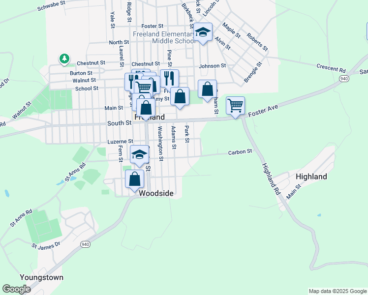 map of restaurants, bars, coffee shops, grocery stores, and more near 350 Park Street in Freeland