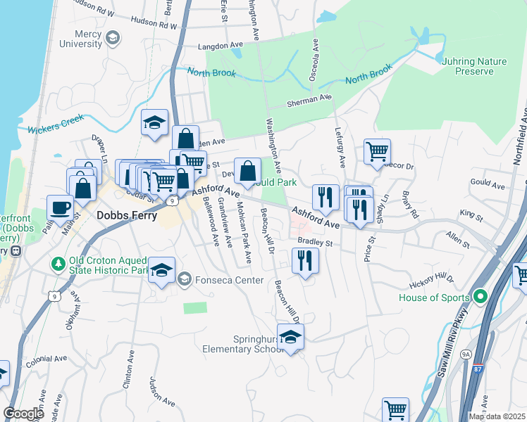 map of restaurants, bars, coffee shops, grocery stores, and more near 24 Beacon Hill Drive in Dobbs Ferry