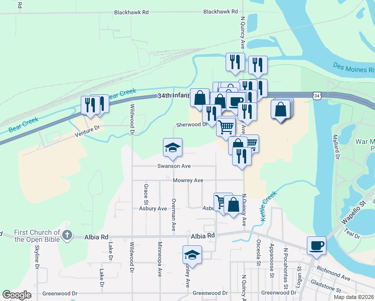 map of restaurants, bars, coffee shops, grocery stores, and more near 1416-1462 Casa Blanca Ln in Ottumwa