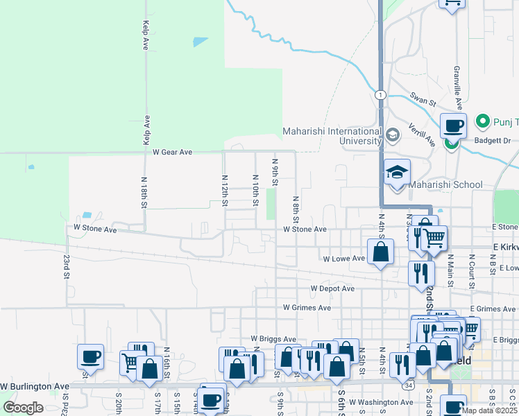 map of restaurants, bars, coffee shops, grocery stores, and more near 700 North 10th Street in Fairfield
