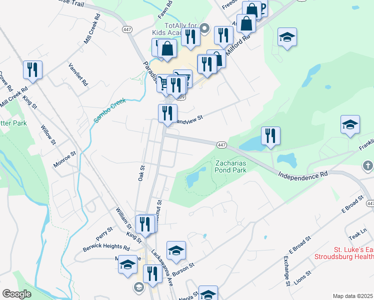 map of restaurants, bars, coffee shops, grocery stores, and more near 111 East 5th Street in East Stroudsburg