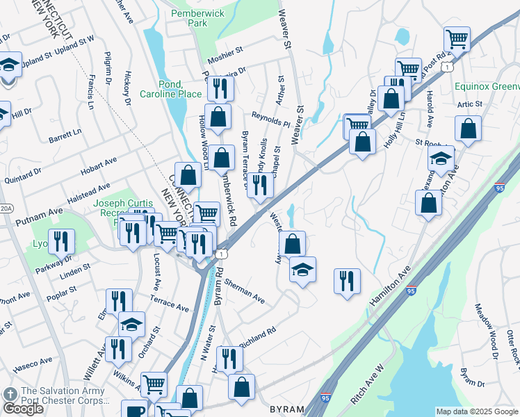 map of restaurants, bars, coffee shops, grocery stores, and more near 701 West Putnam Avenue in Greenwich