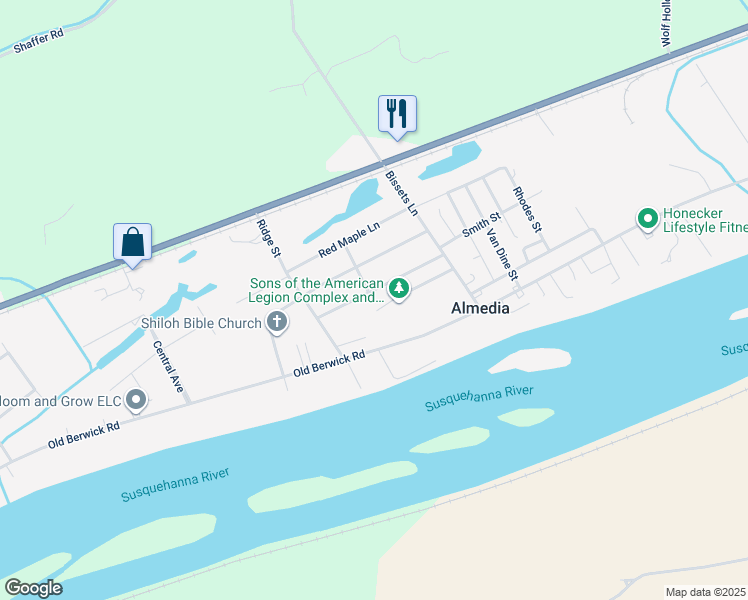 map of restaurants, bars, coffee shops, grocery stores, and more near 3612 1st Street in Bloomsburg